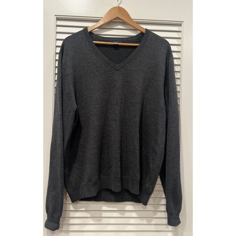 Brooks Brothers 346 Gray V Neck Merino Wool Blend Knit Sweater Size Large